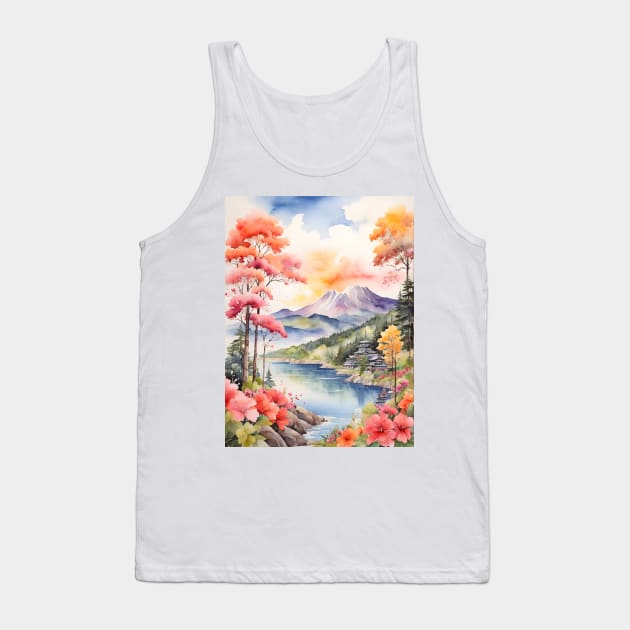 Japan mountain lake trees watercolor Tank Top by Anik Arts